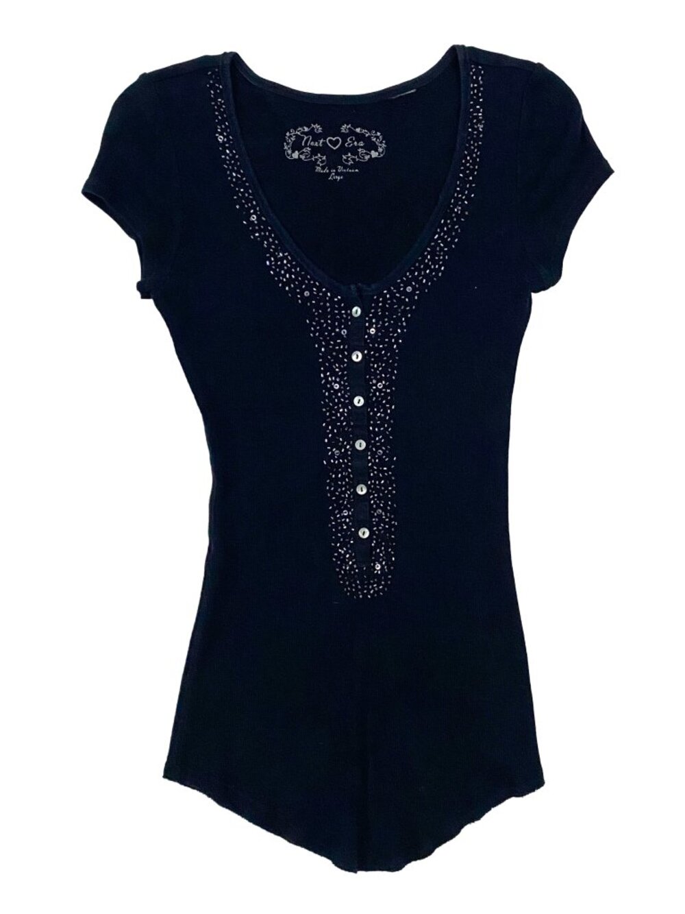 2000s next era couture navy blue ribbed short sleeve henley embellished